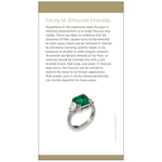 Emerald brochure panel, featuring heading "Caring for Enhanced Emeralds", text, and ring