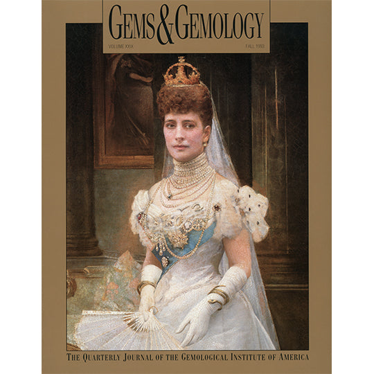 Cover of Gems & Gemology Fall 1993 issue, featuring  painting of royal woman wearing stacked pearl necklaces