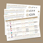 Stack of gem cleaning and display charts, which show gem images, colors indicating cleaning method safety, and notes