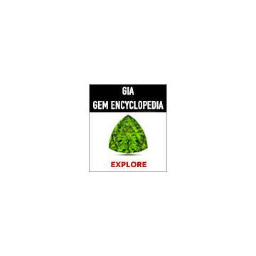 Large square GIA Gem Encyclopedia web button with black background behind heading and lime green gem