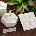 GIA logo lockup plate on counter next to necklace, ring display, and succulents