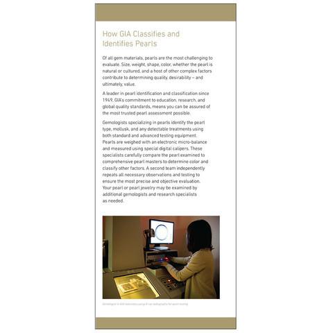 Brochure panel "How GIA Classifies and Identifies Pearls" with researcher examining pearl on computer screen