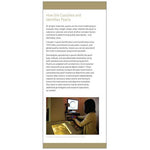 Brochure panel "How GIA Classifies and Identifies Pearls" with researcher examining pearl on computer screen
