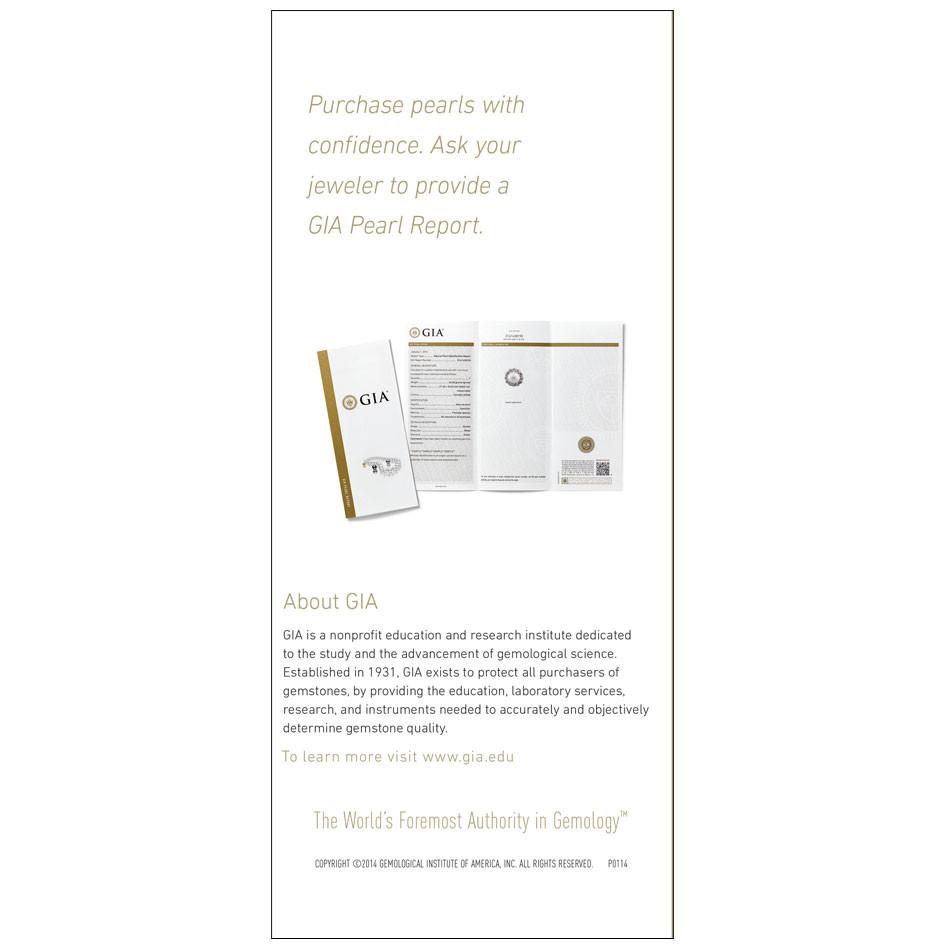 7 Pearl Value Factors brochure panel, featuring text "Purchase Pearls with confidence" and "About GIA" section