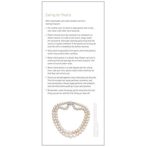 Brochure panel "Caring for Pearls" with image of pearl necklace