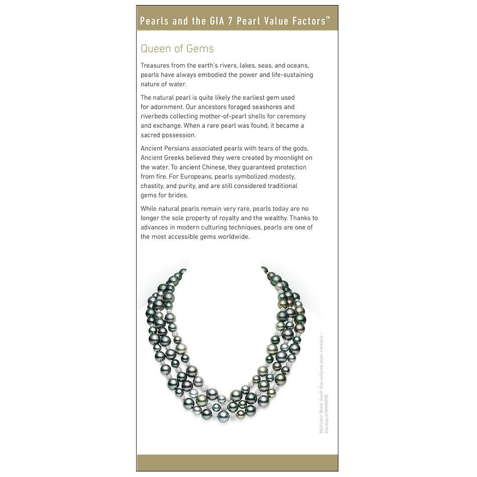 7 Pearl Value Factors brochure panel, featuring heading "Queen of Gems", text, and black pearl necklace