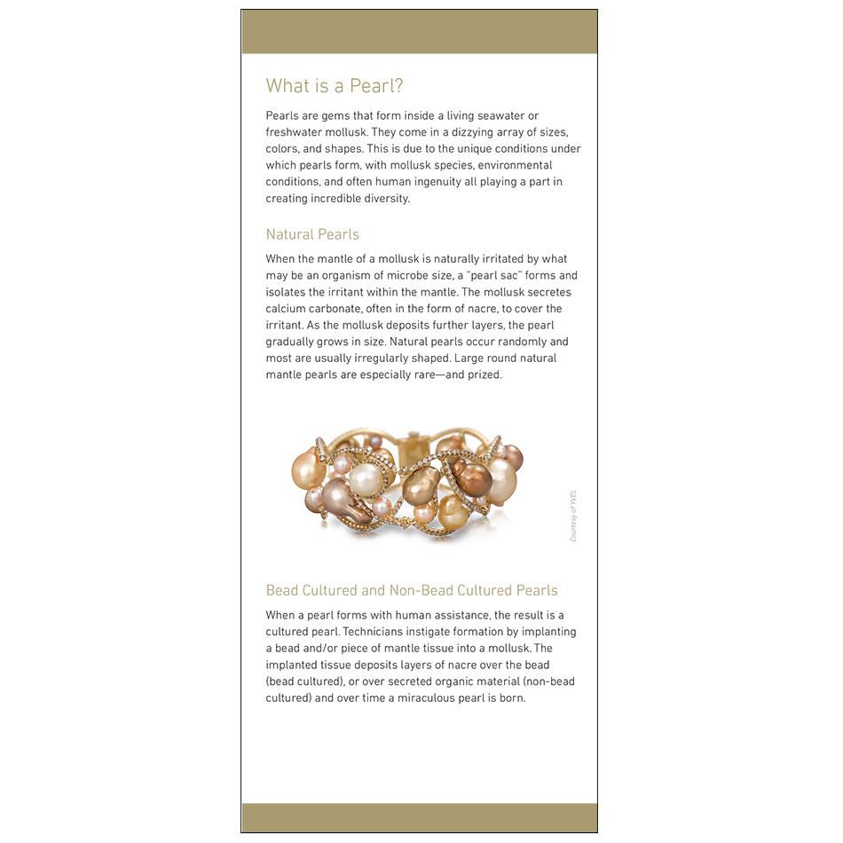 7 Pearl Value Factors brochure, featuring heading "What is a Pearl?", text, and pearl braclet