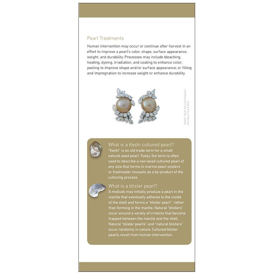 7 Pearl Value Factors brochure panel, featuring heading "Pearl Treatments", text, and pearl earrings