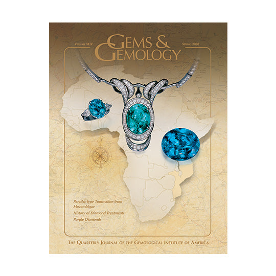 Cover of Gems & Gemology Spring 2008 issue, featuring blue gemstone over outline of Africa