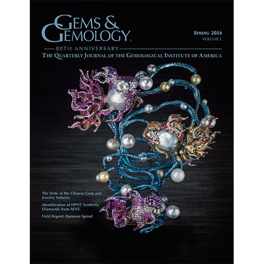 Cover of Gems & Gemology Spring 2014 issue, featuring kelp-like art object made with jewels and pearls