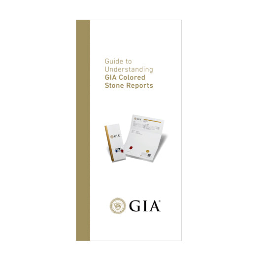 Brochure front with heading "Guide to Understanding GIA Colored Stone Reports", image of report, and logo