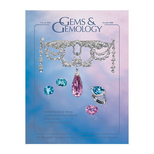 Cover of Gems & Gemology Summer 2008 issue, featuring light pink and blue gems on silver string