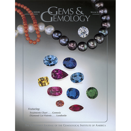 Cover of Gems & Gemology Winter 2002 issue, featuring colored gems and  strings of pearl