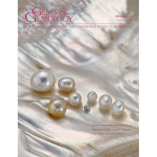 Cover of Gems & Gemology Winter 2012 issue, featuring pearls against silky clam shell background